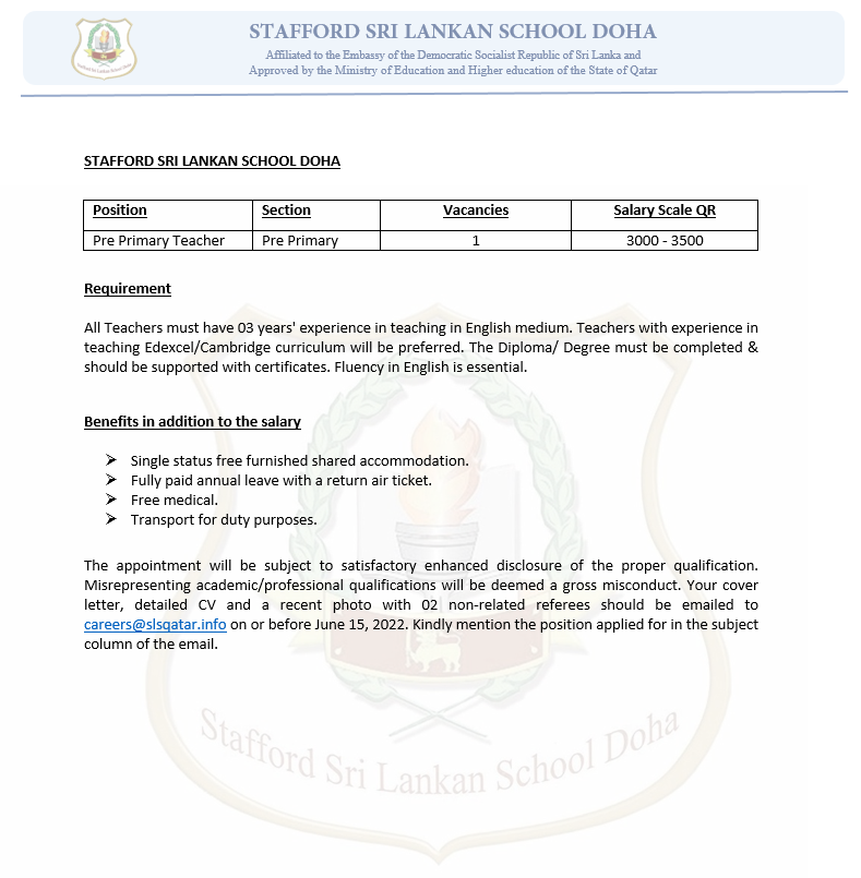 Vacancy Pre Primary Teacher Sslsd