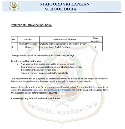 Vacancy Chemistry Teacher Sslsd